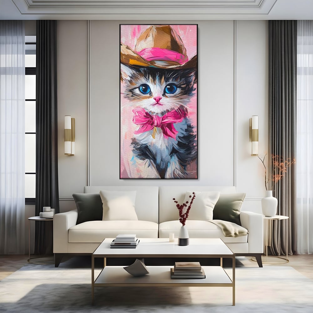 Tablou canvas cu tablou canvas cu pisicuta cowboy, in rama de aluminiu negru, pe perete intr-un living